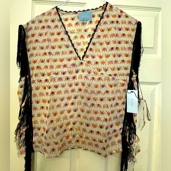 CNWT- BoHo Style Linen elephant Print 
fringe shirt, tie sides - Picture 1 of 10